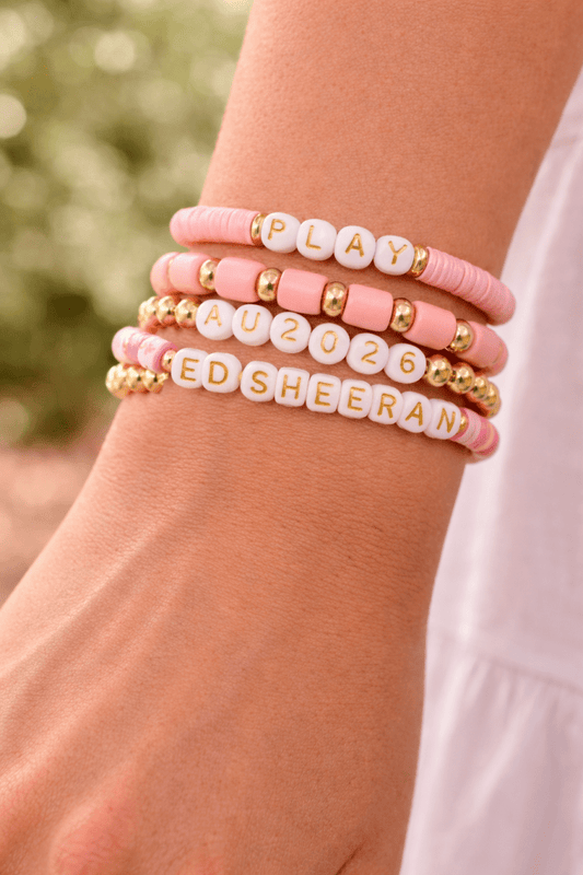 Ed Sheeran Pink Play Bracelet Set – Handmade 4 - Pack Set for Aussie Fans - Three2Tango Tees