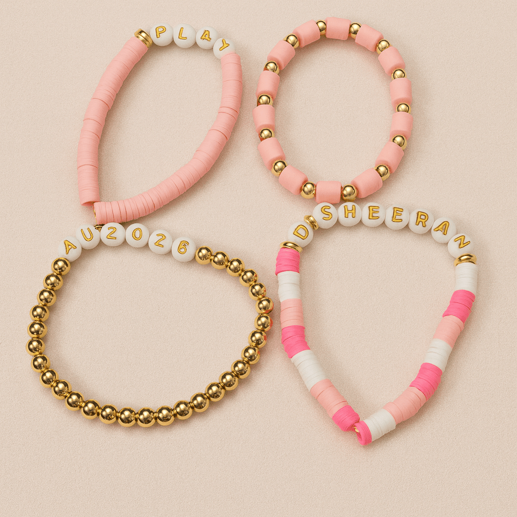 Ed Sheeran Pink Play Bracelet Set – Handmade 4 - Pack Set for Aussie Fans - Three2Tango Tees