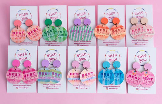 Handmade Earrings - Best Teacher Ever - Pink Hearts - Three2Tango Tees