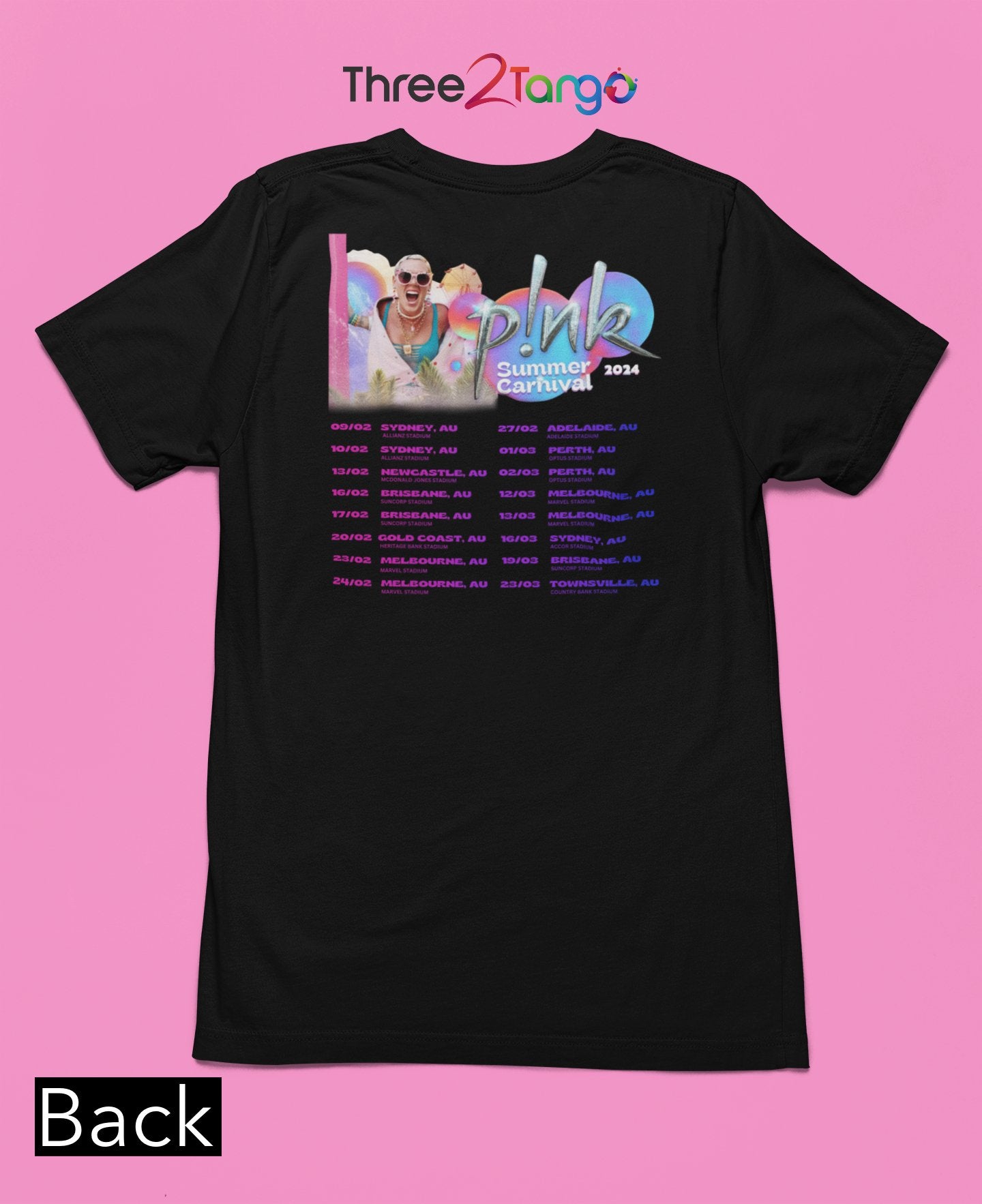 Pink Concert T-shirt - Summer Carnival 2024 Australia - Pink in the City - Three2Tango Tee's