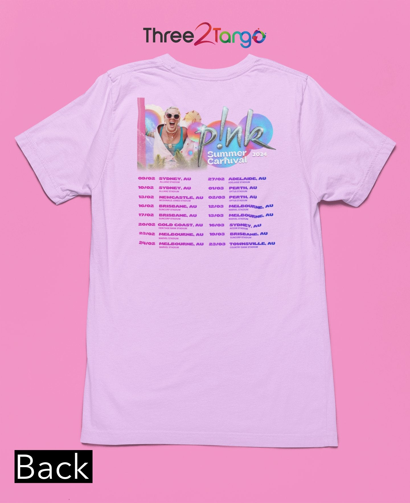 Pink Concert T-shirt - Summer Carnival 2024 Australia - Pink Tour - Three2Tango Tee's