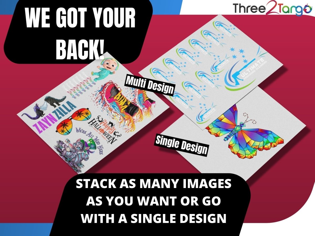 READY TO PRESS CUSTOM DTF TRANSFERS - A3 SIZE - (Min Order 5 sheets) - Three2Tango Tees