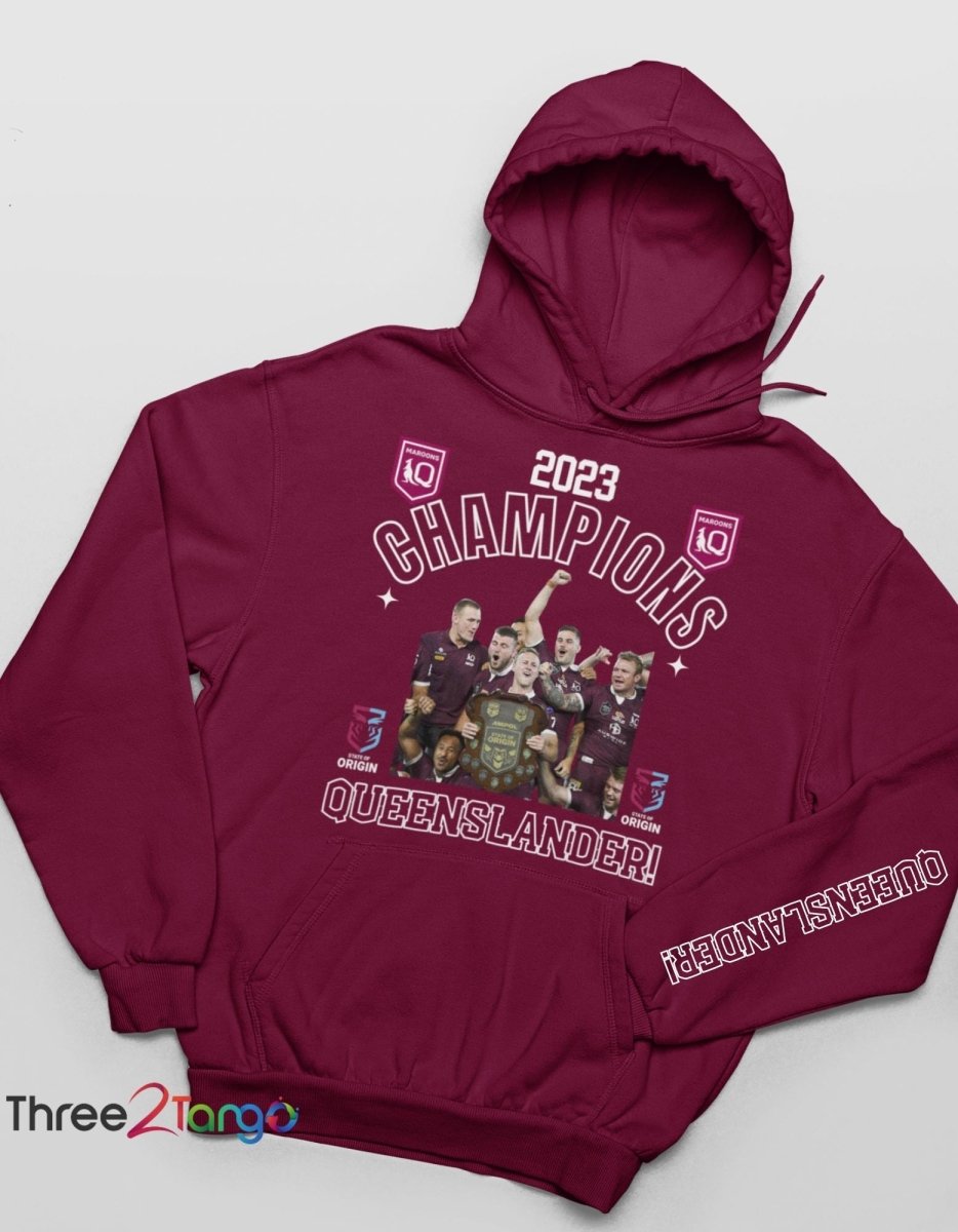 State of Origin Champions 2023 Hoodie - Queensland Maroons - Three2Tango Tees