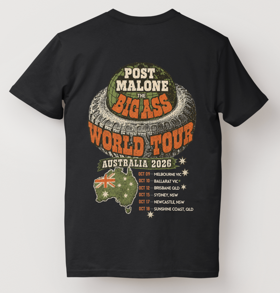 Post Malone Tattoo Face Tee – Big Ass Stadium World Tour Australia 2026 Concert T-Shirt