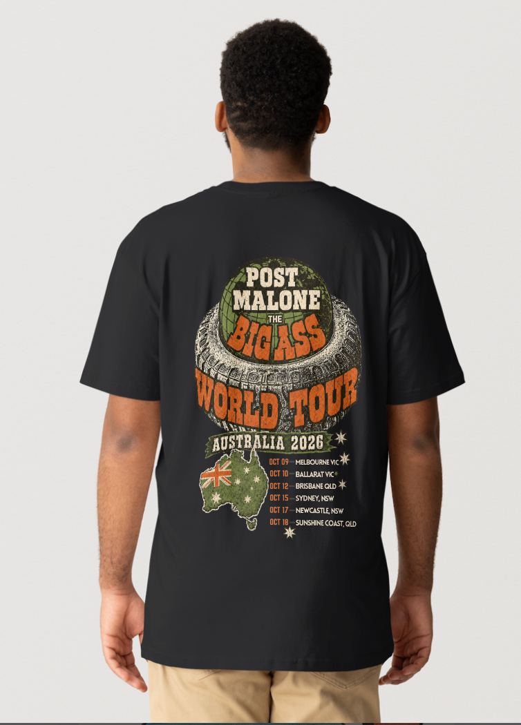 Post Malone Tattoo Face Tee – Big Ass Stadium World Tour Australia 2026 Concert T-Shirt