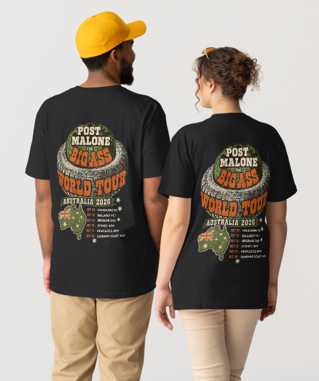 Post Malone Tattoo Face Tee – Big Ass Stadium World Tour Australia 2026 Concert T-Shirt