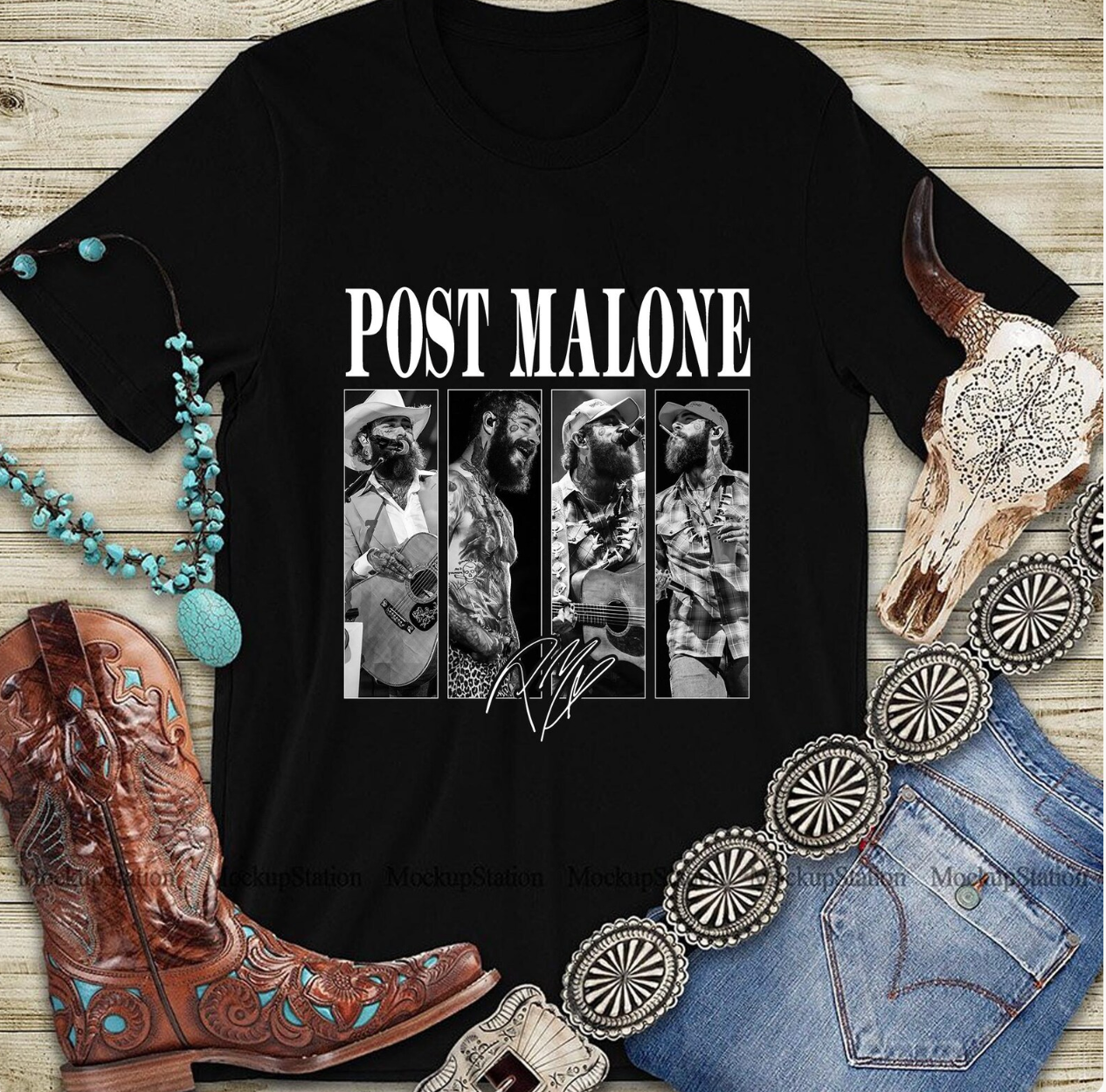 Black t-shirt with Post Malone graphic design on a wooden surface with cowboy boots and jewelry.