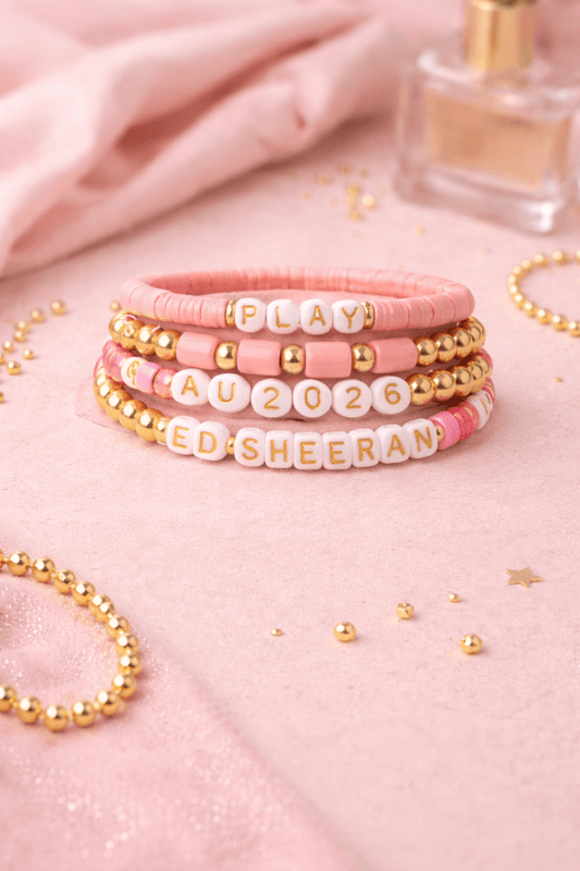 Ed Sheeran Pink Play Bracelet Set – Handmade 4 - Pack Set for Aussie Fans - Three2Tango Tees