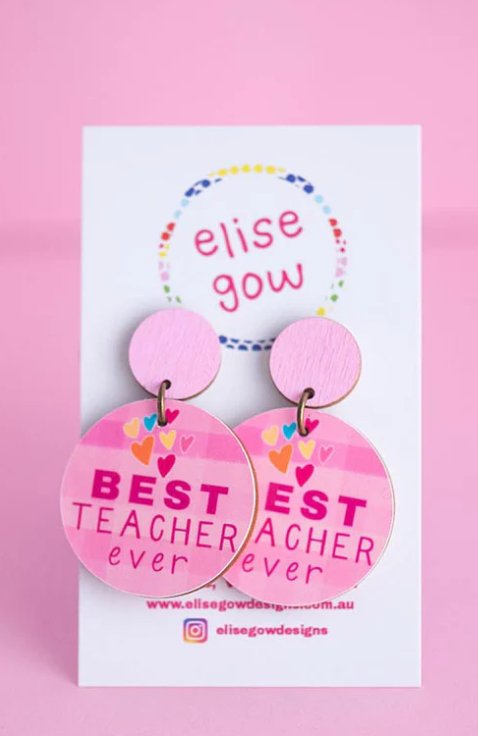 Handmade Earrings - Best Teacher Ever - Pink Hearts - Three2Tango Tees