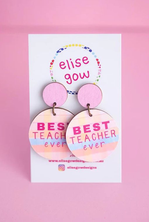 Handmade Earrings - Best Teacher Ever - Pink Hearts - Three2Tango Tees