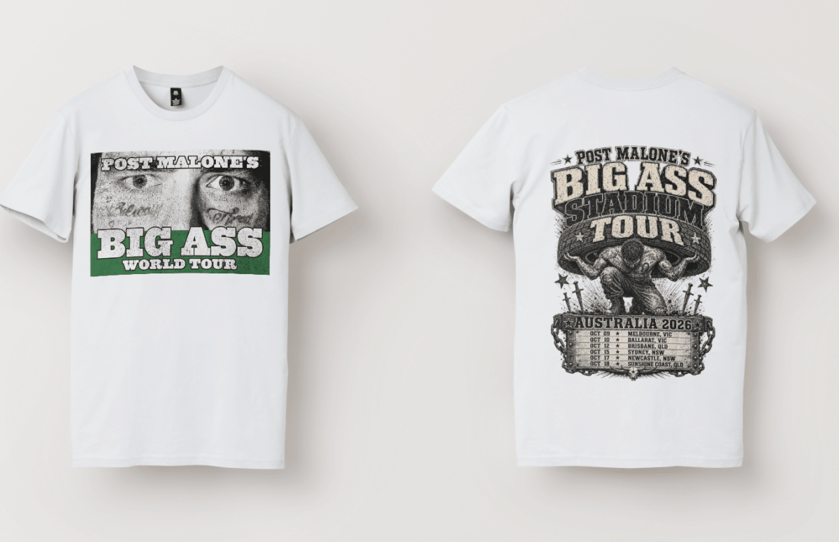 Post Malone Smiley Face Tee – Big Ass Stadium Tour Australia 2026 Concert T-Shirt - Three2Tango Tees