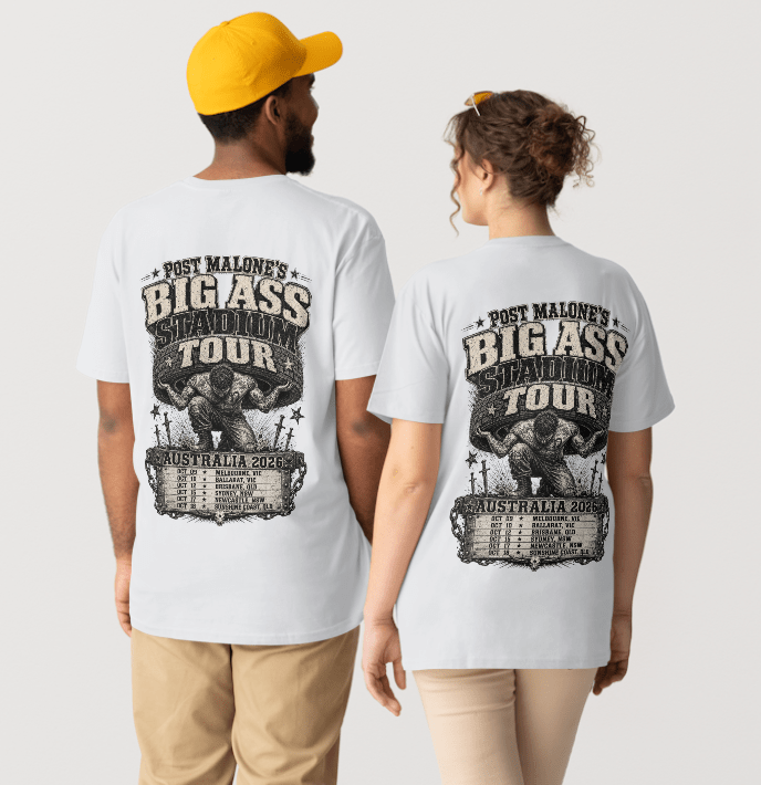 Post Malone Smiley Face Tee – Big Ass Stadium Tour Australia 2026 Concert T-Shirt - Three2Tango Tees