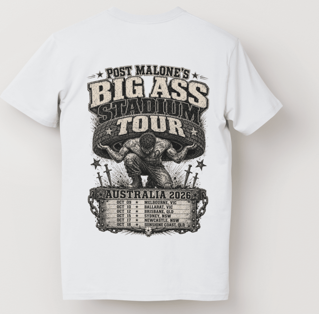 Post Malone Smiley Face Tee – Big Ass Stadium Tour Australia 2026 Concert T-Shirt - Three2Tango Tees