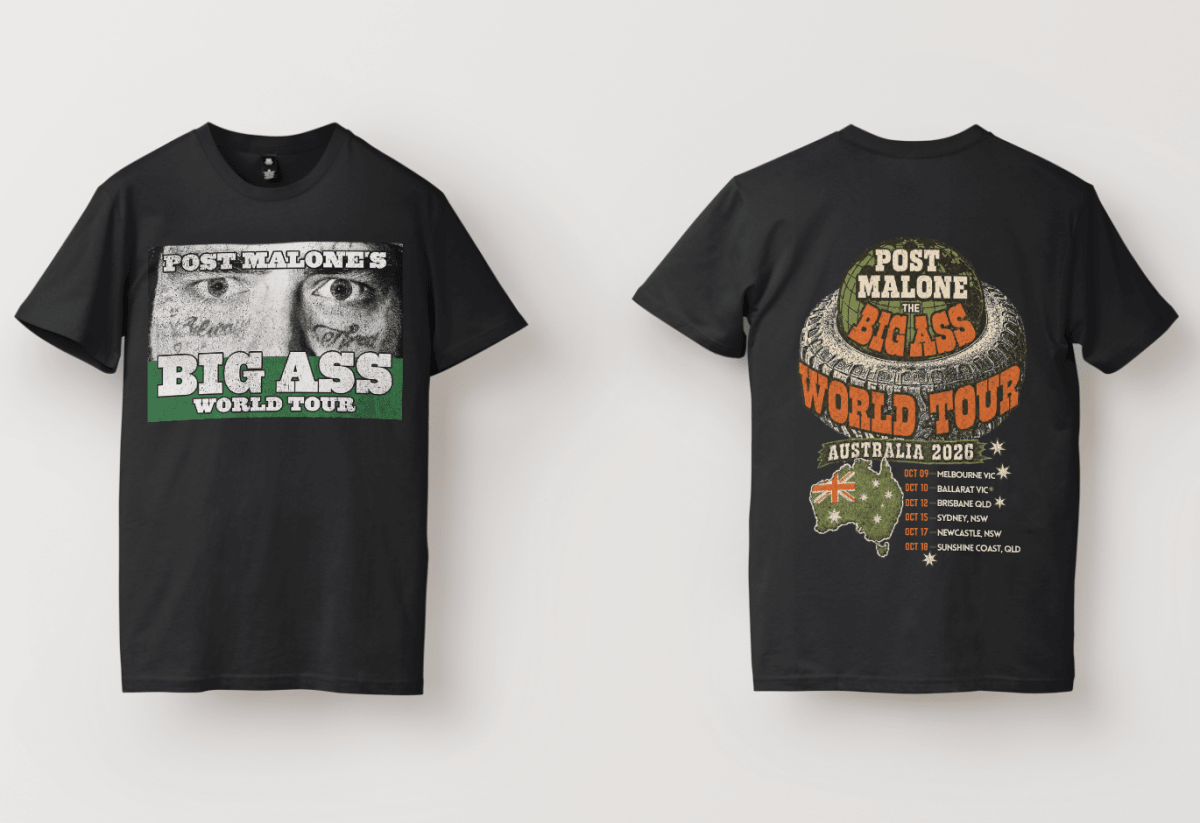 Post Malone Tattoo Face Tee – Big Ass Stadium World Tour Australia 2026 Concert T-Shirt - Three2Tango Tees