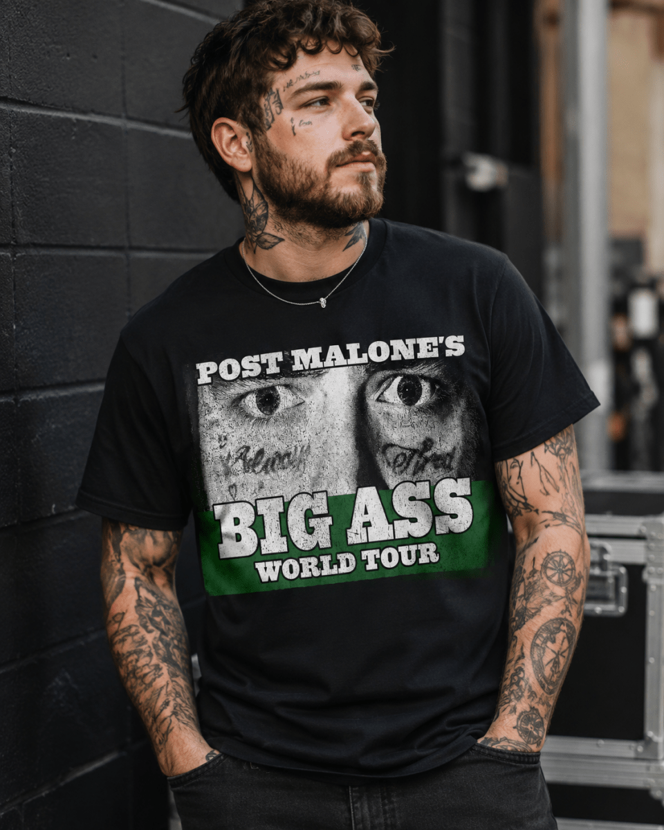 Post Malone Tattoo Face Tee – Big Ass Stadium World Tour Australia 2026 Concert T-Shirt - Three2Tango Tees