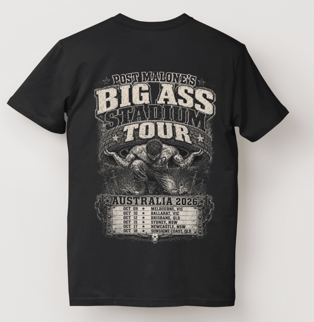 Post Malone Vintage Tee - Big Ass Stadium World Tour Australia 2026 Concert T-Shirt - Three2Tango Tees