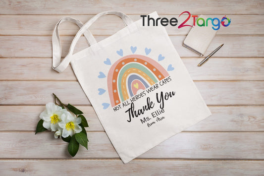 Boho Rainbow Personalized - Teacher gift tote bag - Three2Tango Tee's