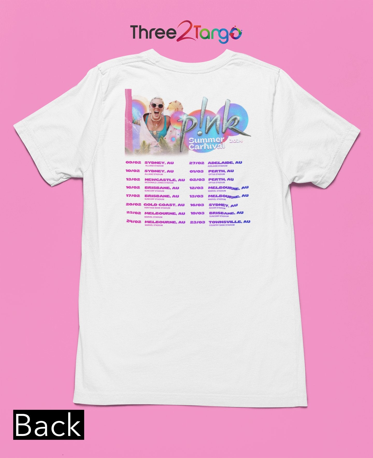 Pink Concert T-shirt - Summer Carnival 2024 Australia - Pink in the City - Three2Tango Tee's