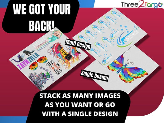 READY TO PRESS CUSTOM DTF TRANSFERS - A3 SIZE - (Min Order 5 sheets) - Three2Tango Tees