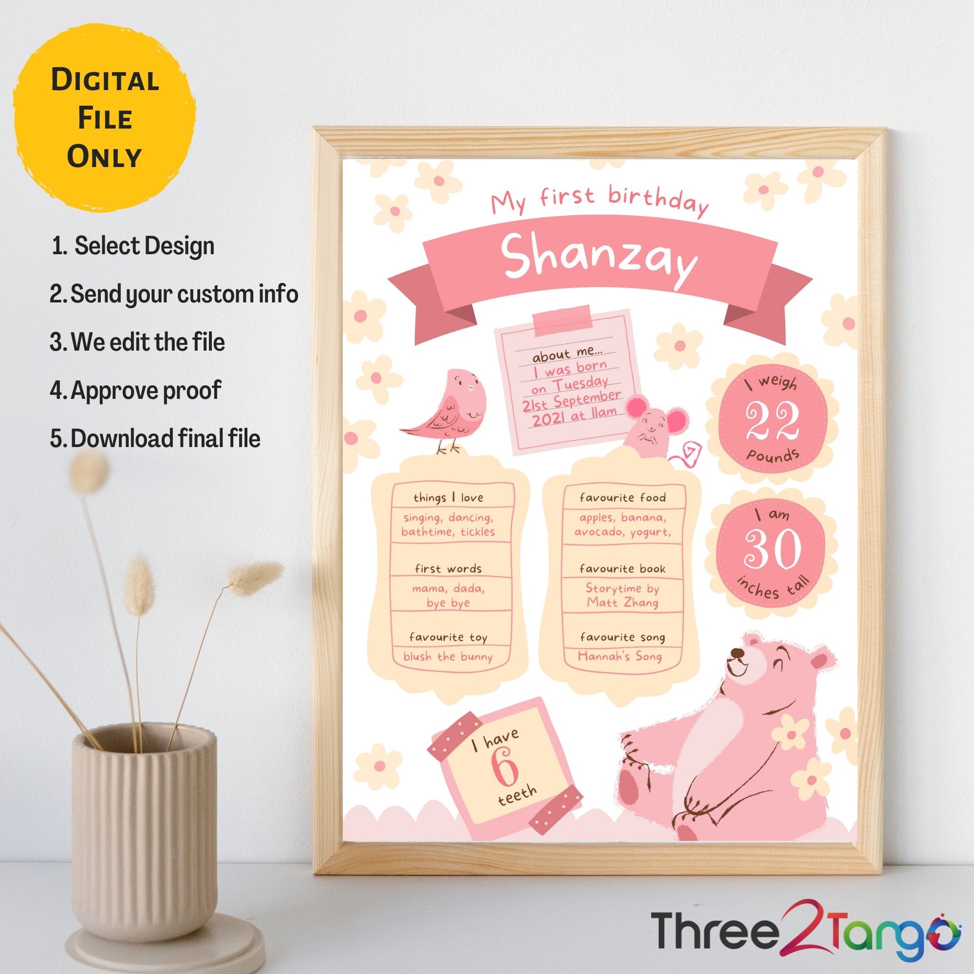 Teddy Bear Girl Birthday Milestone Board - Three2Tango Tee's