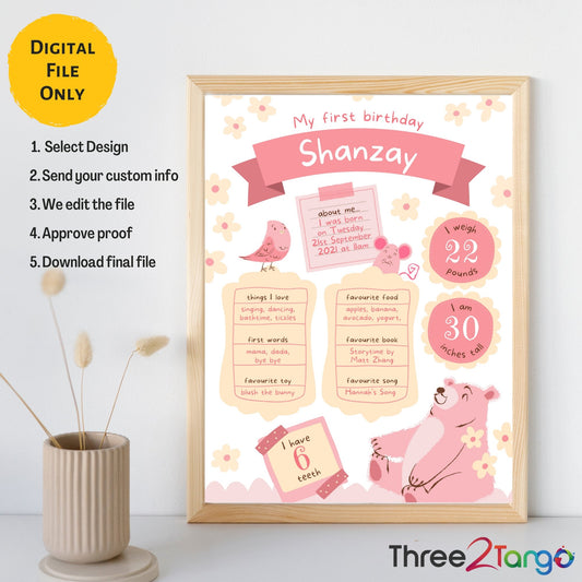 Teddy Bear Girl Birthday Milestone Board - Three2Tango Tee's